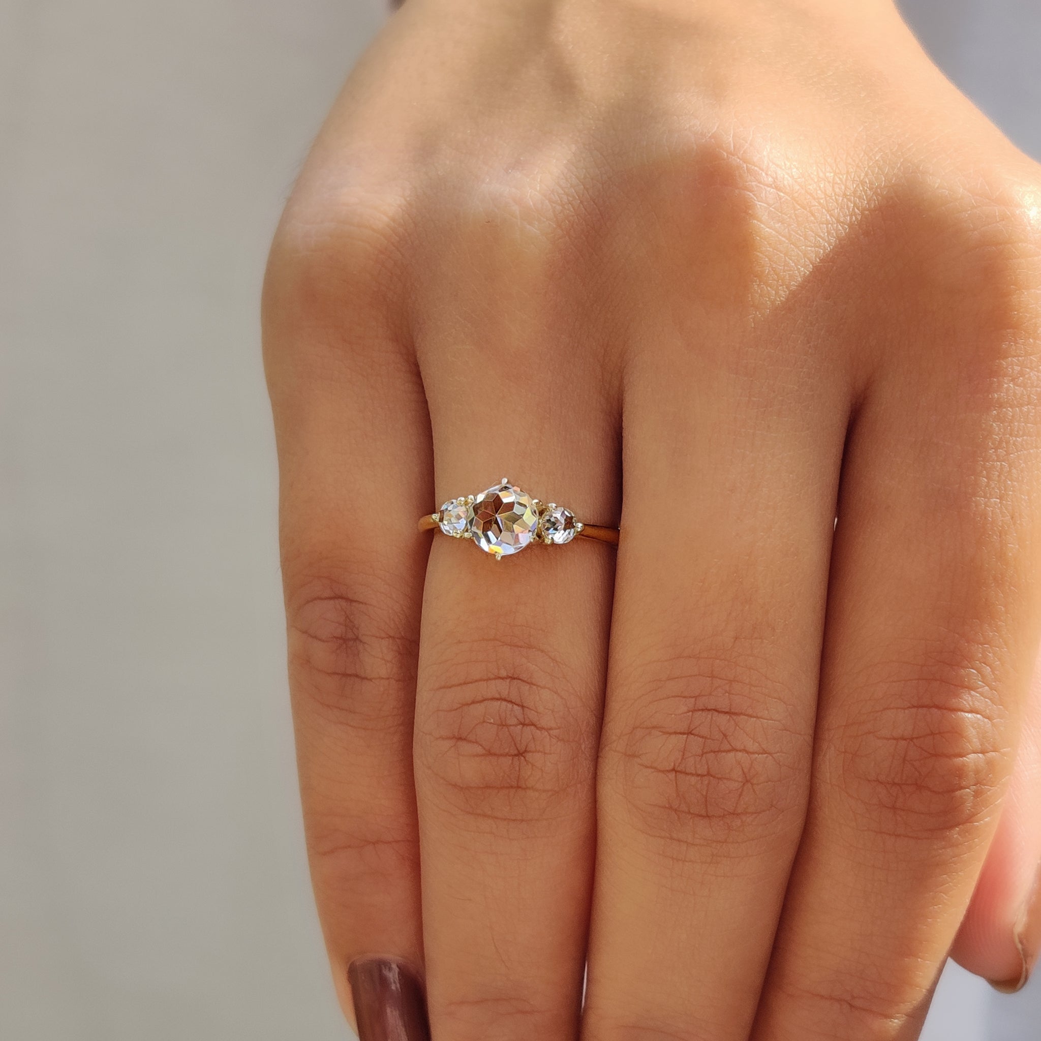 Round Rose Cut Moissanite Ring With 3 Stone Style Secondary image