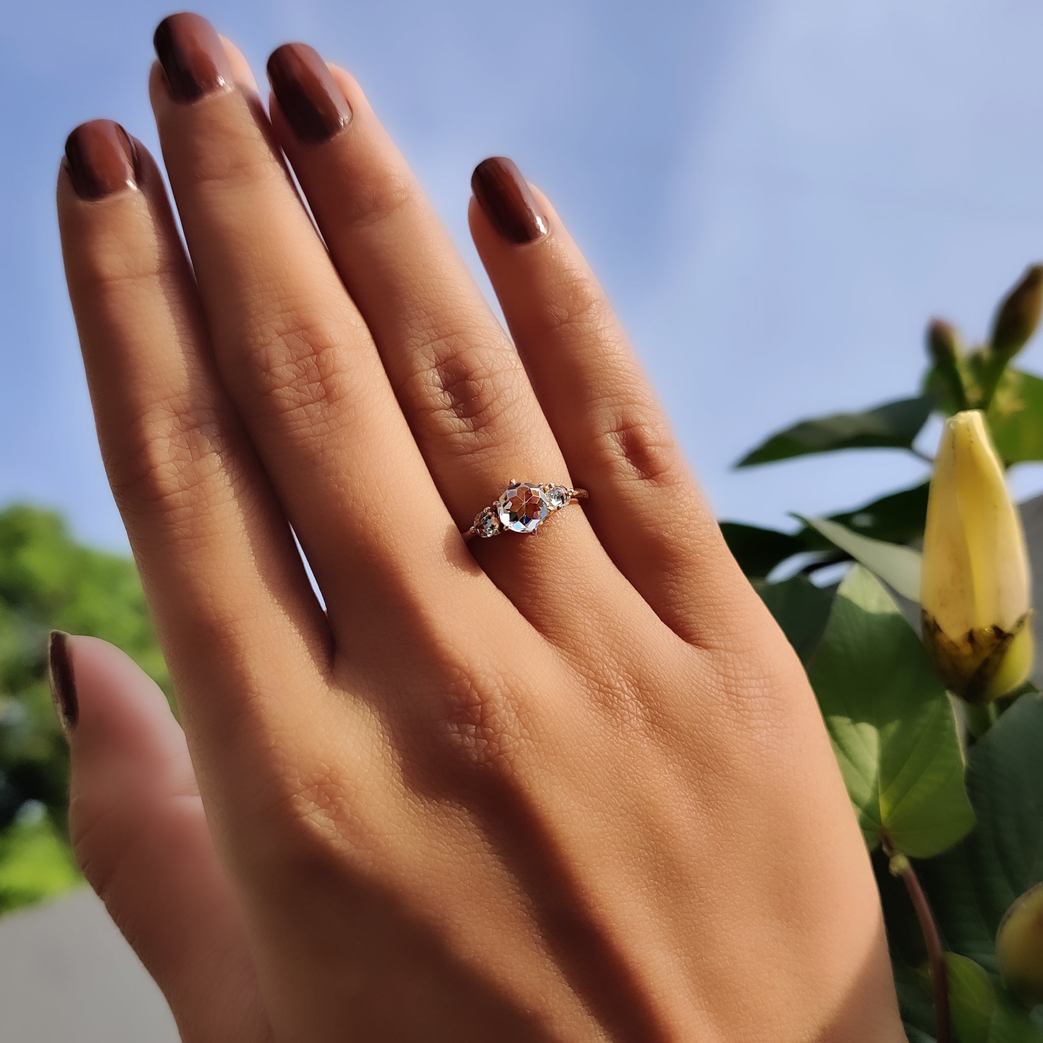 Round Rose Cut Moissanite Ring With 3 Stone Style