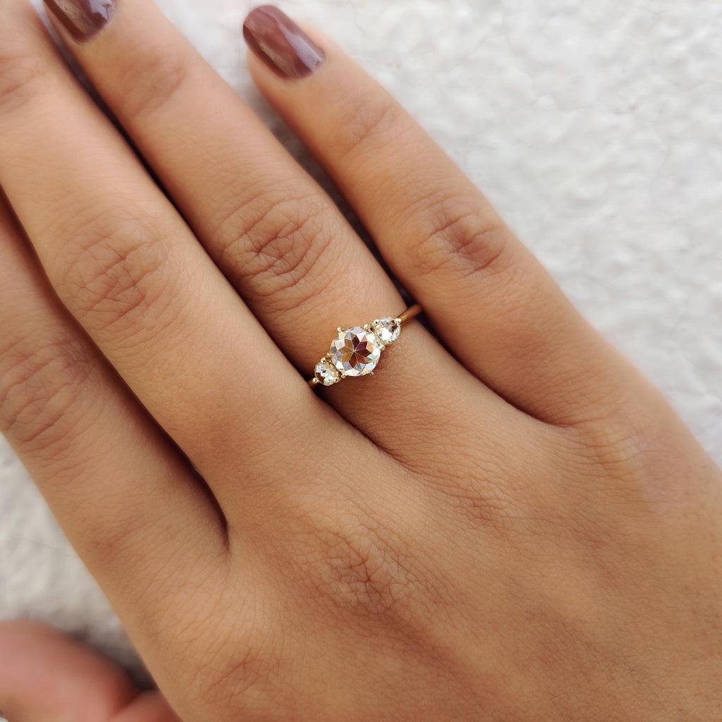 Round Rose Cut Moissanite Ring With 3 Stone Style