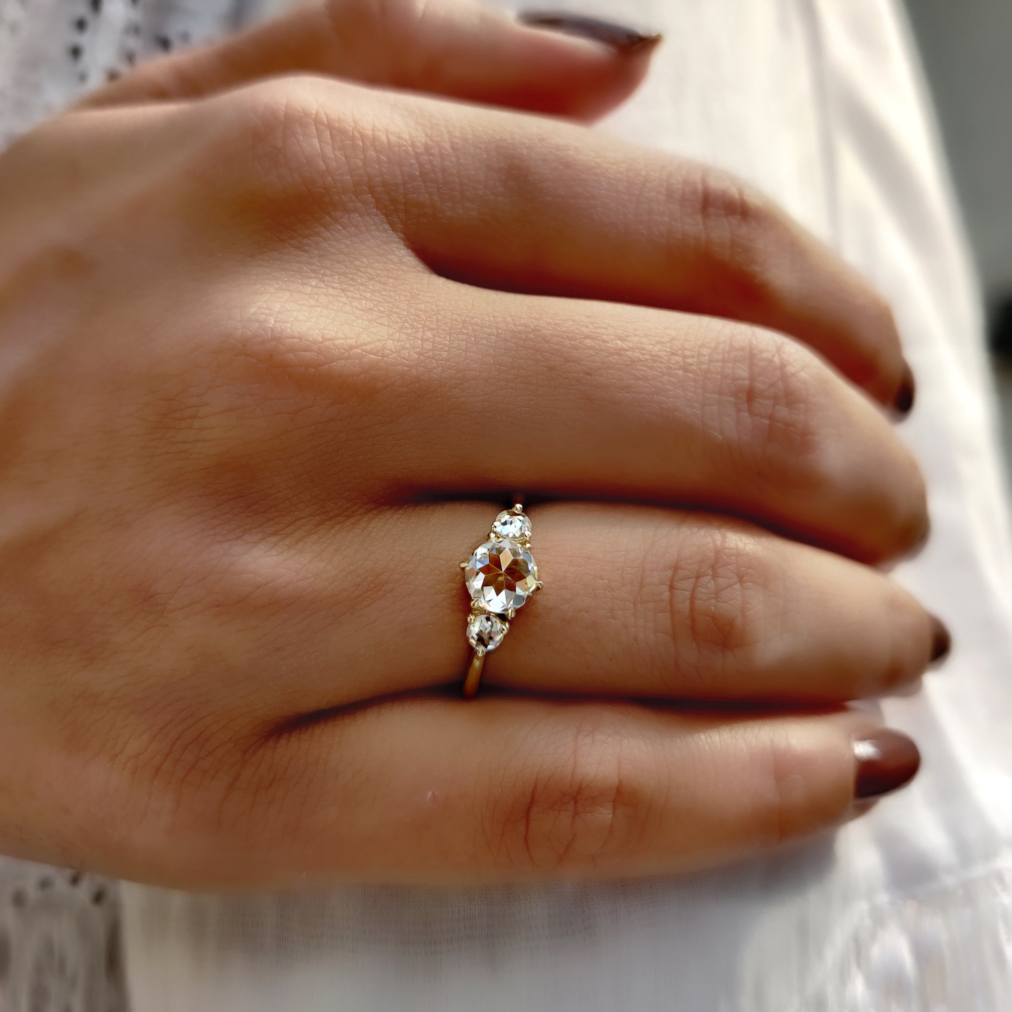 Round Rose Cut Moissanite Ring With 3 Stone Style