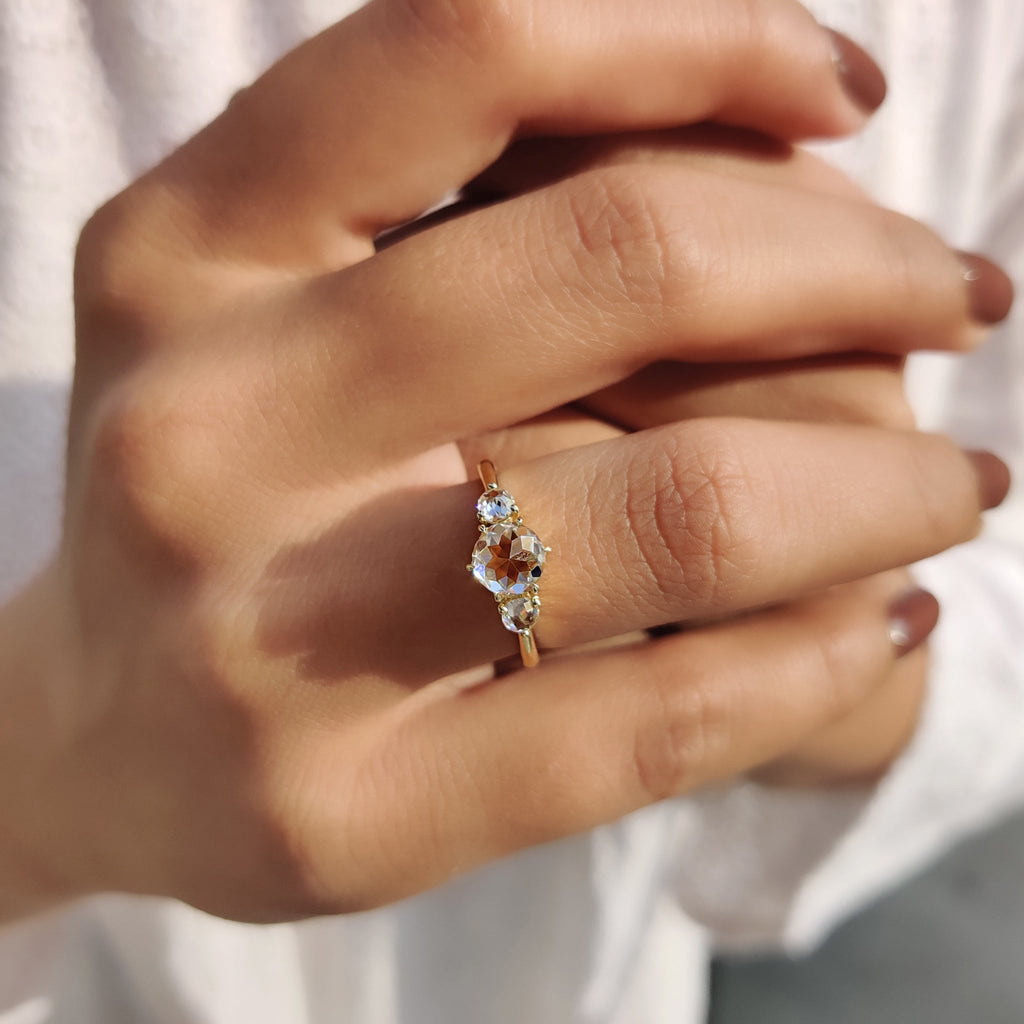 Round Rose Cut Moissanite Ring With 3 Stone Style