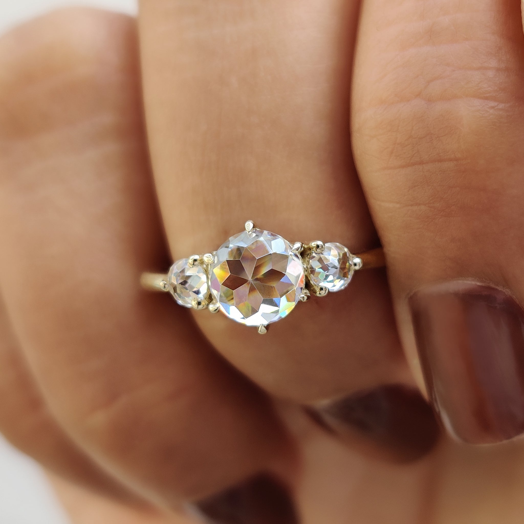 Round Rose Cut Moissanite Ring With 3 Stone Style Main image