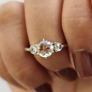 Round Rose Cut Moissanite Ring With 3 Stone Style