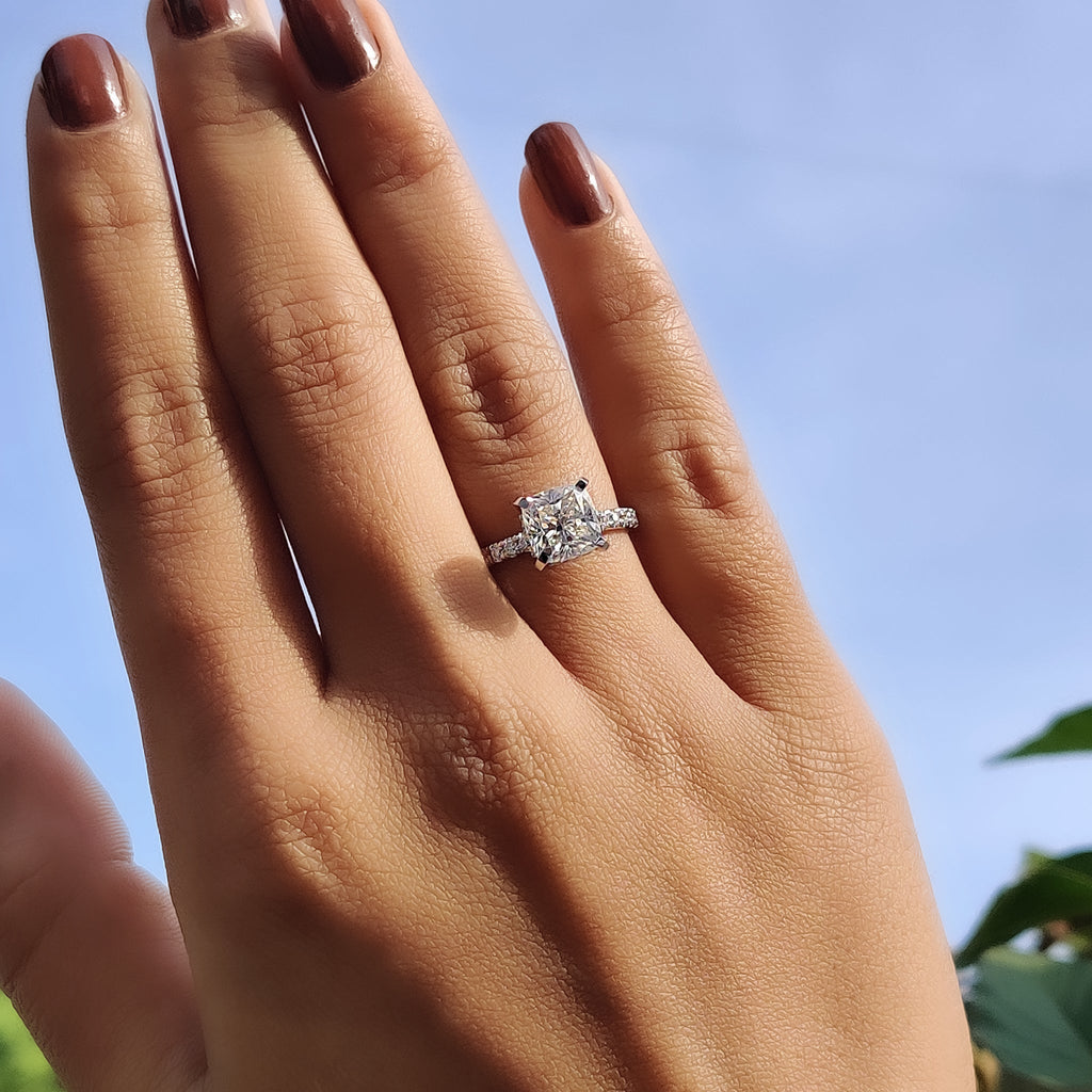 White Gold Cushion Cut Hidden Halo Engagement Ring