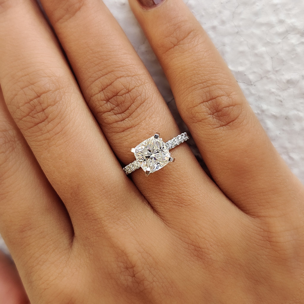 White Gold Cushion Cut Hidden Halo Engagement Ring