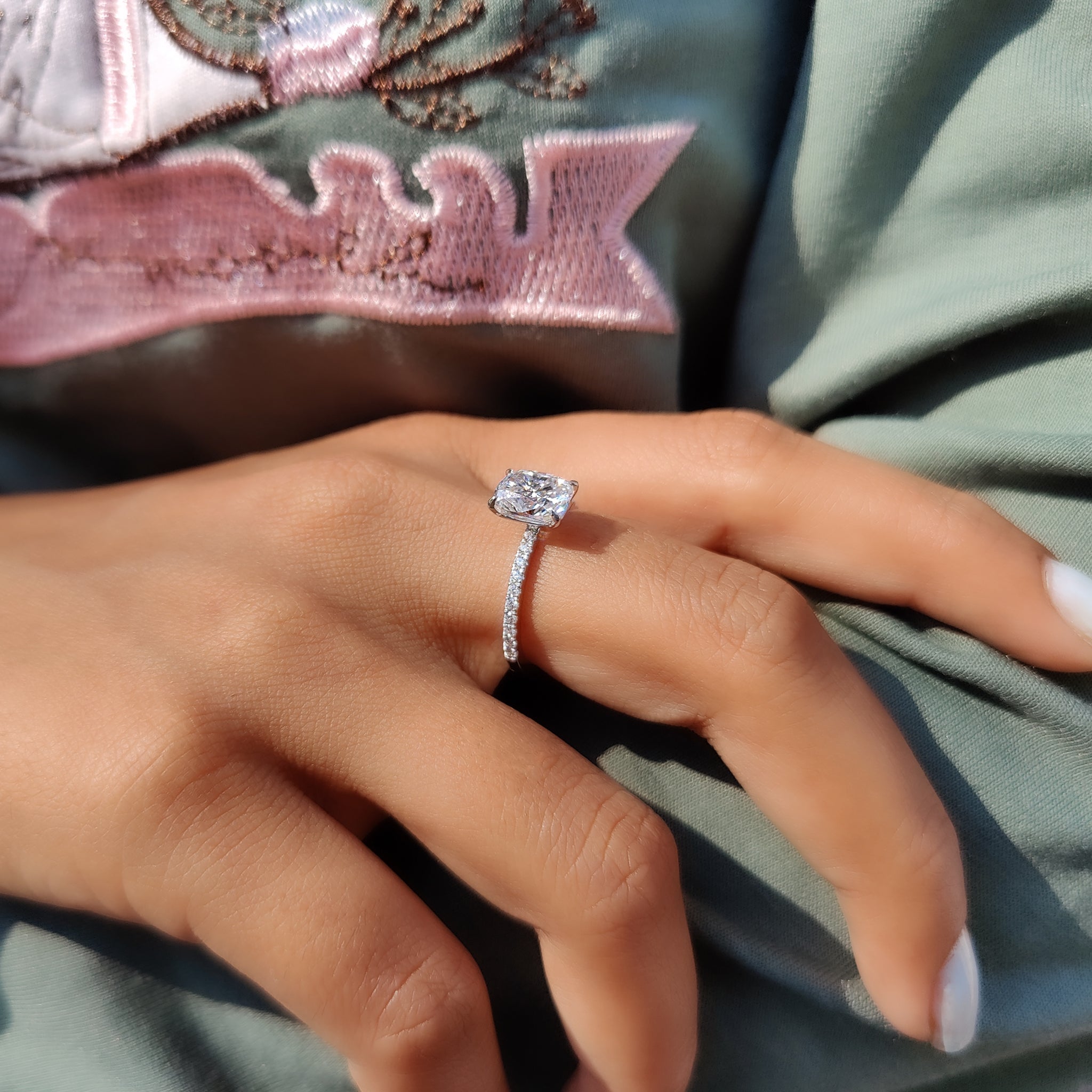 Cushion Cut Moissanite Pave Ring Setting