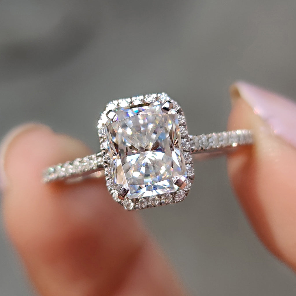 Radiant Cut Moissanite Ring In Halo Style
