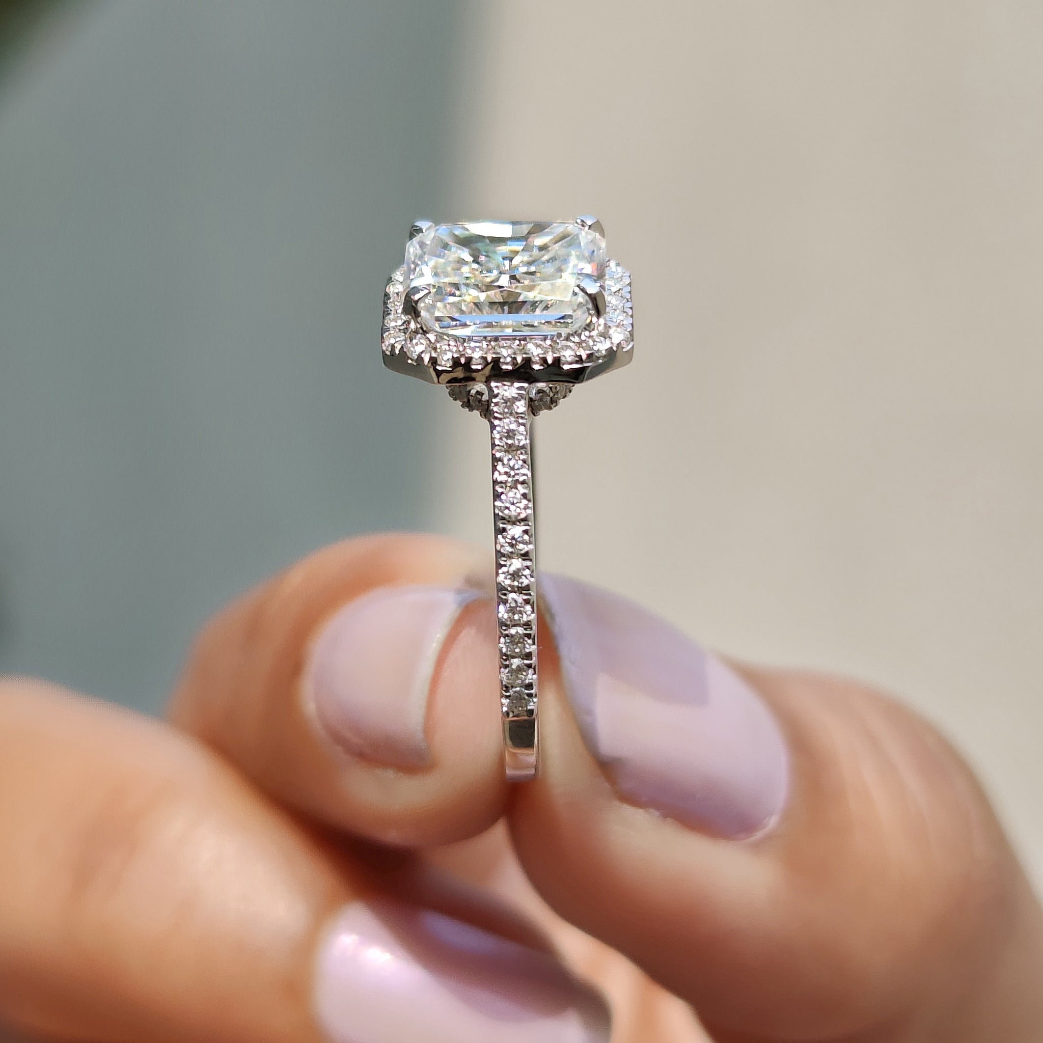 Radiant Cut Moissanite Ring In Halo Style