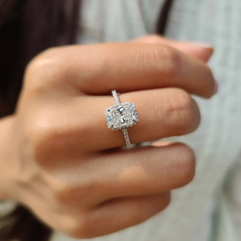 Radiant Cut Moissanite Ring In Halo Style