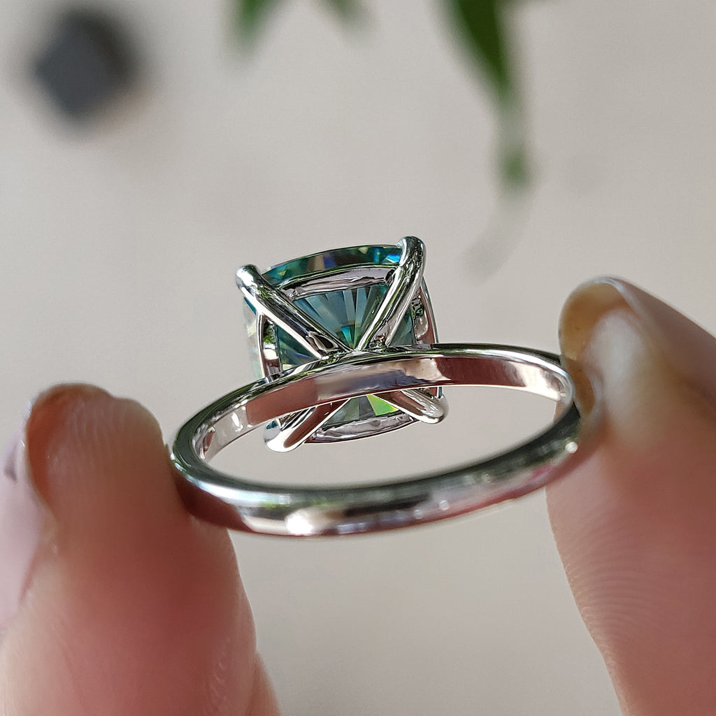 Cyan Blue Cushion Cut Solitaire Ring