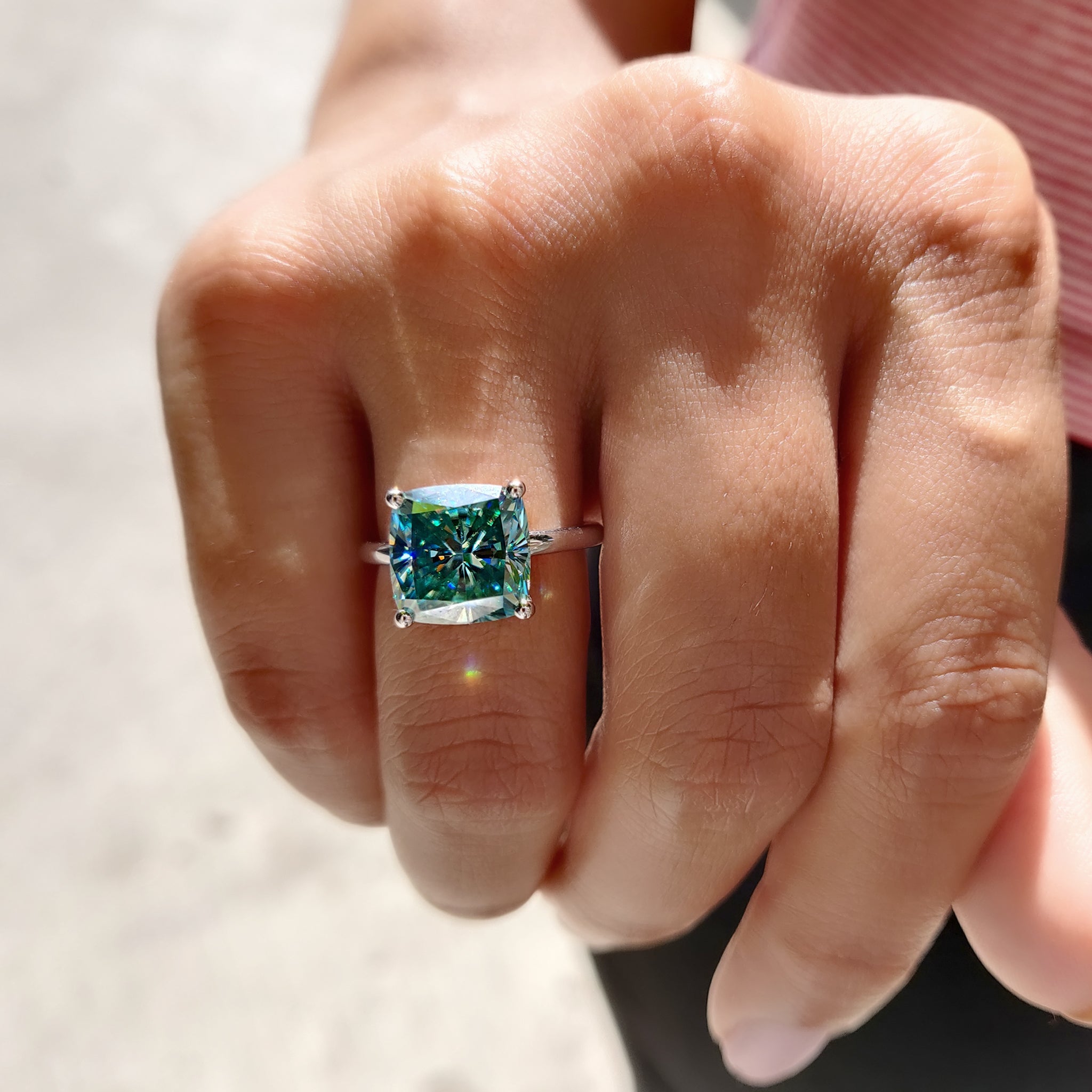 Cyan Blue Cushion Cut Solitaire Ring
