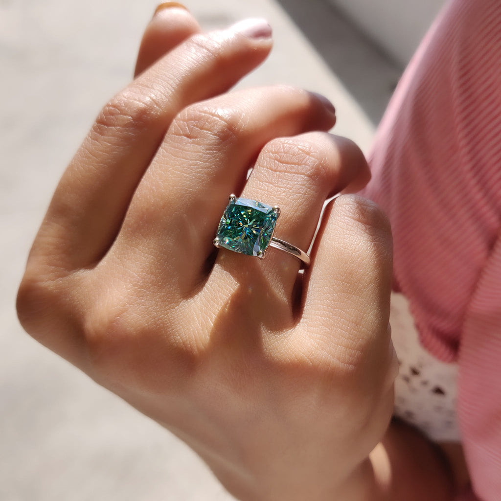 Cyan Blue Cushion Cut Solitaire Ring