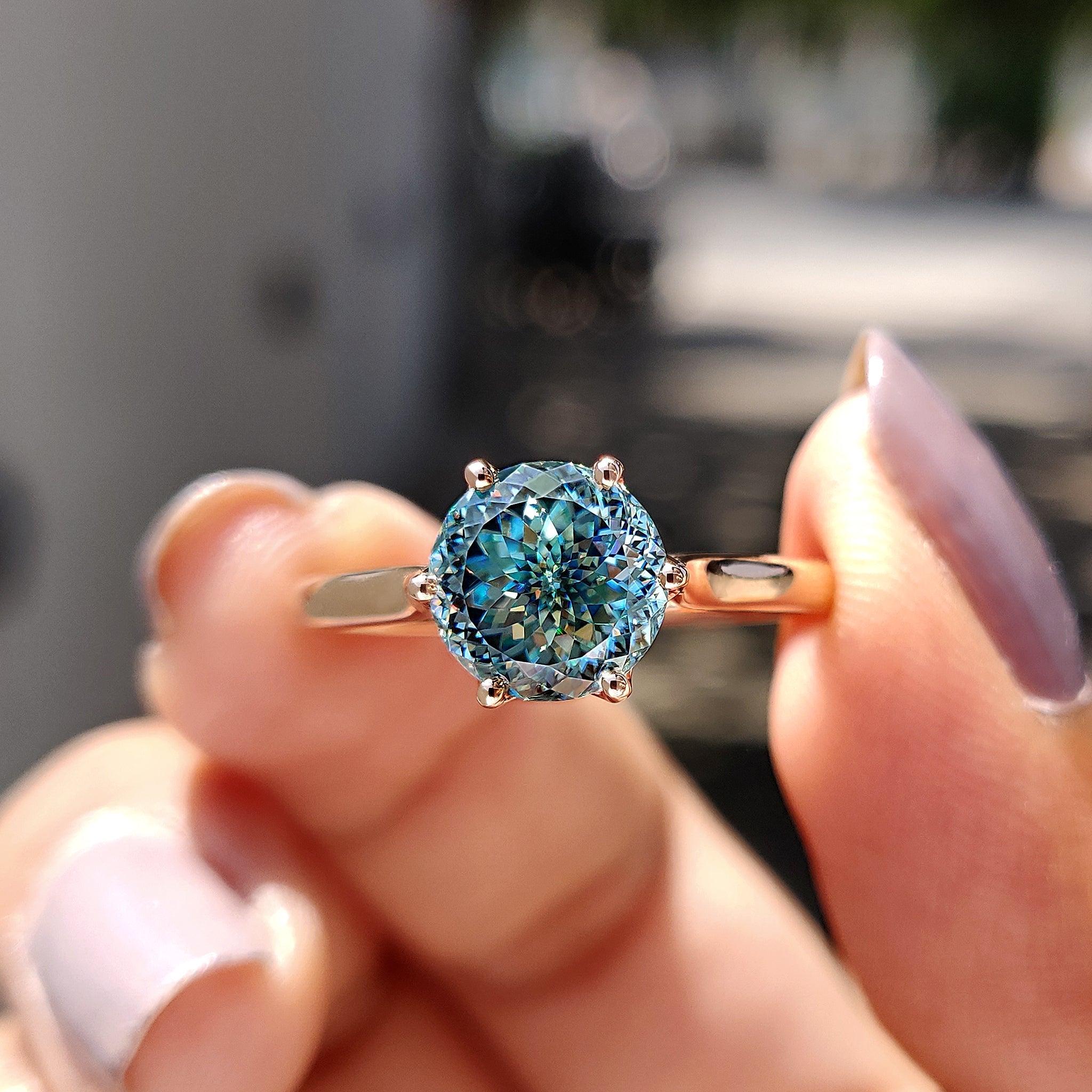 Cyan Blue Portuguese Cut Solitaire Engagement Ring Main image