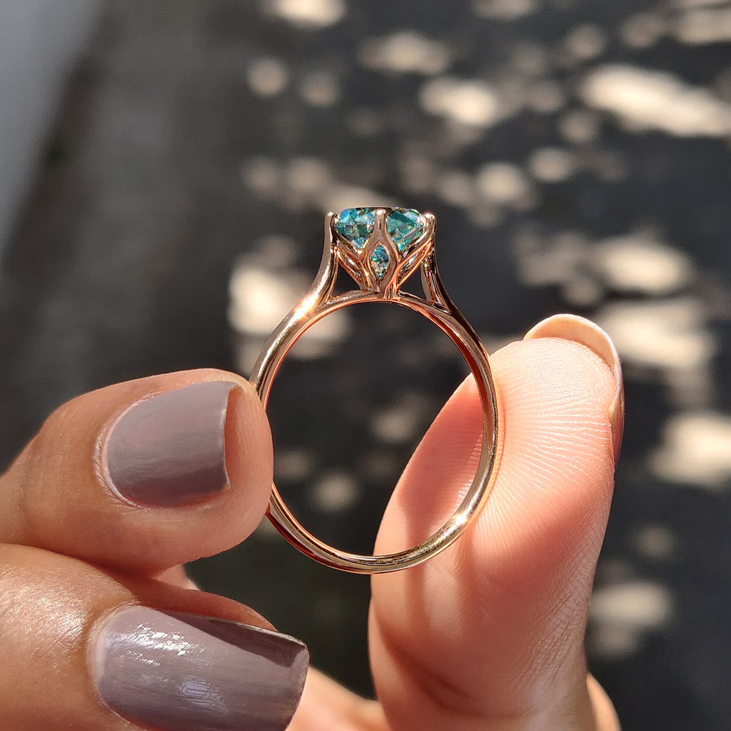 Cyan Blue Portuguese Cut Solitaire Engagement Ring