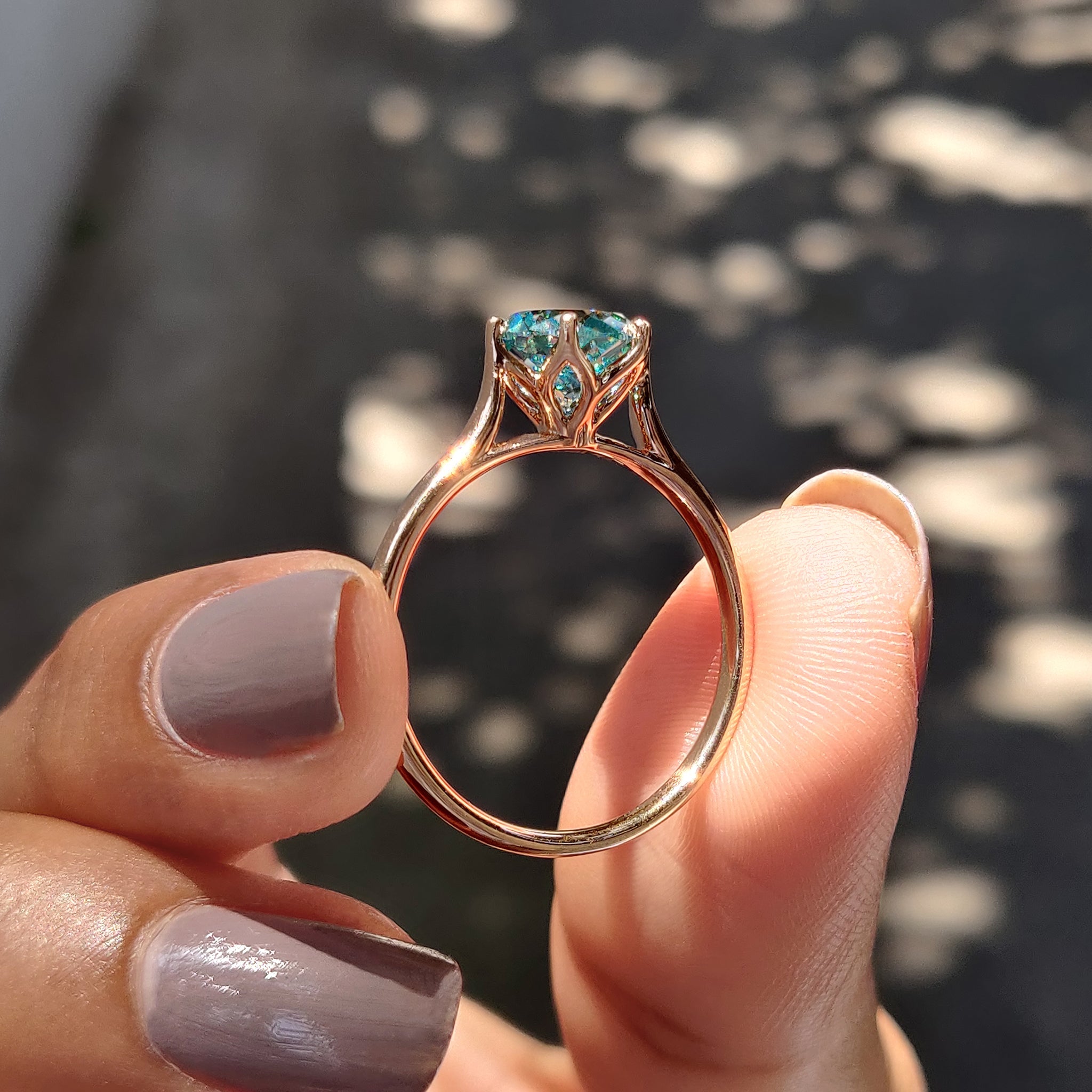 Cyan Blue Portuguese Cut Solitaire Engagement Ring