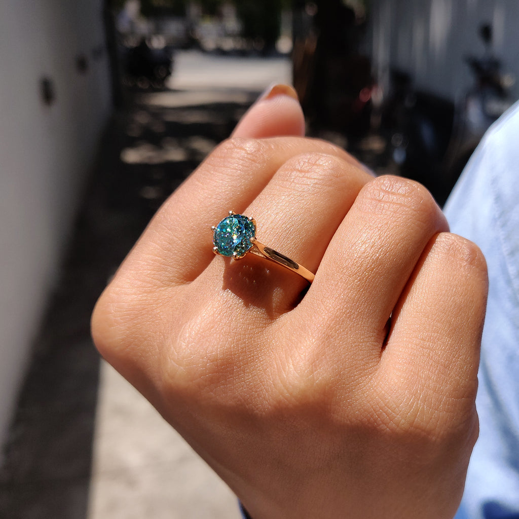 Cyan Blue Portuguese Cut Solitaire Engagement Ring