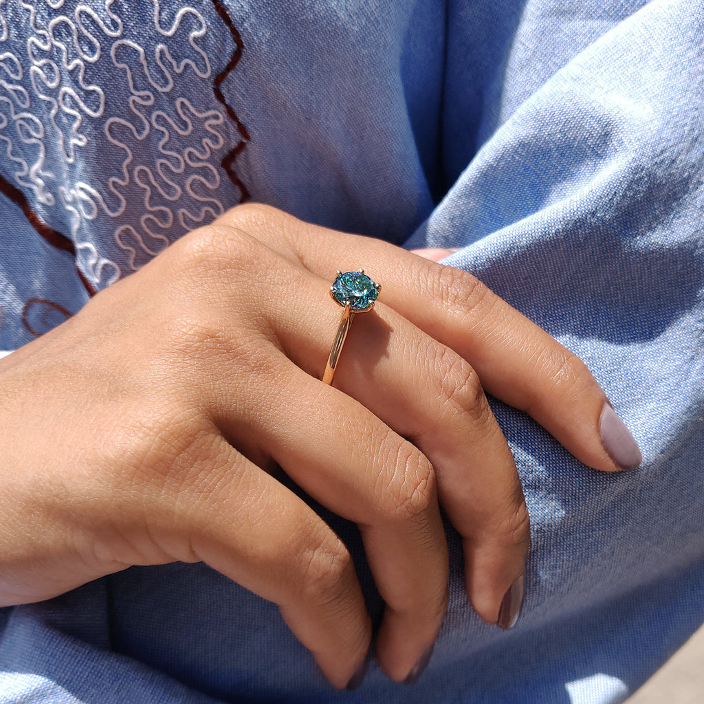 Cyan Blue Portuguese Cut Solitaire Engagement Ring