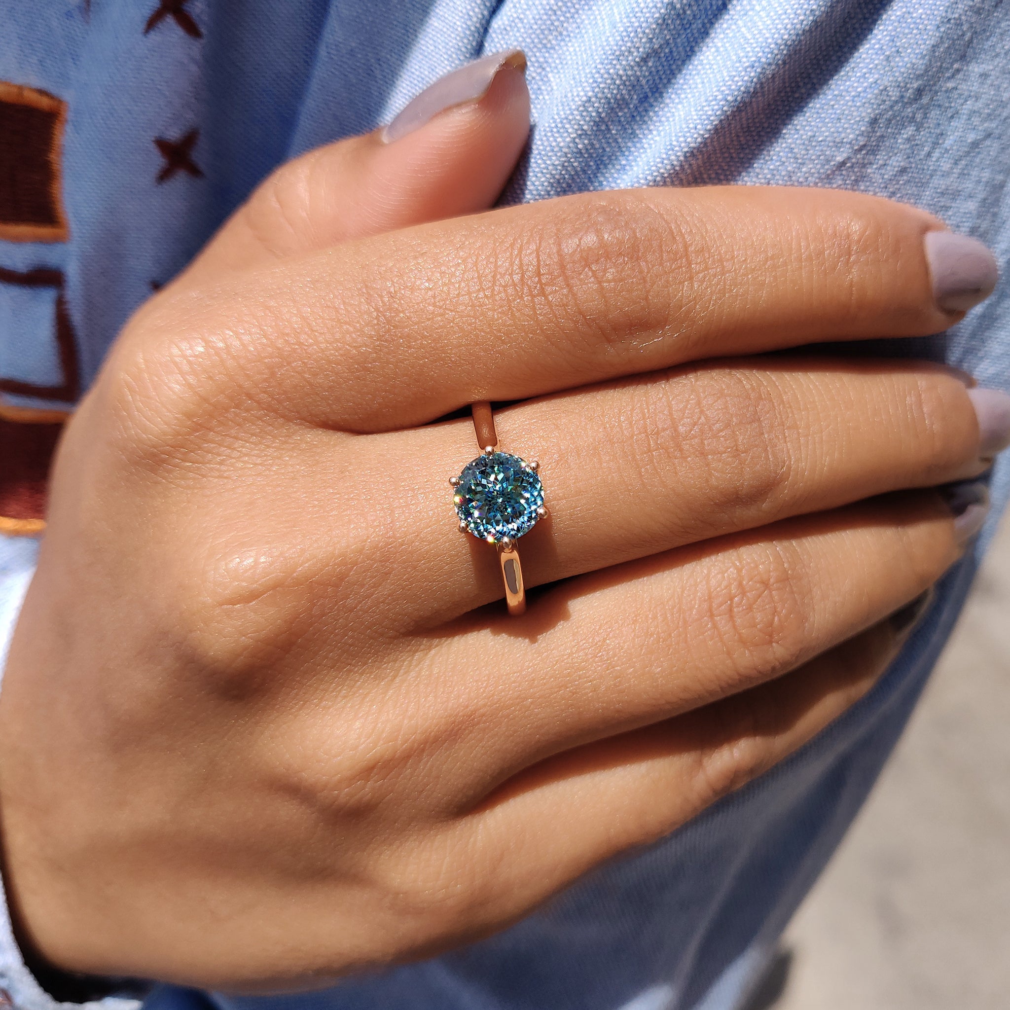 Cyan Blue Portuguese Cut Solitaire Engagement Ring