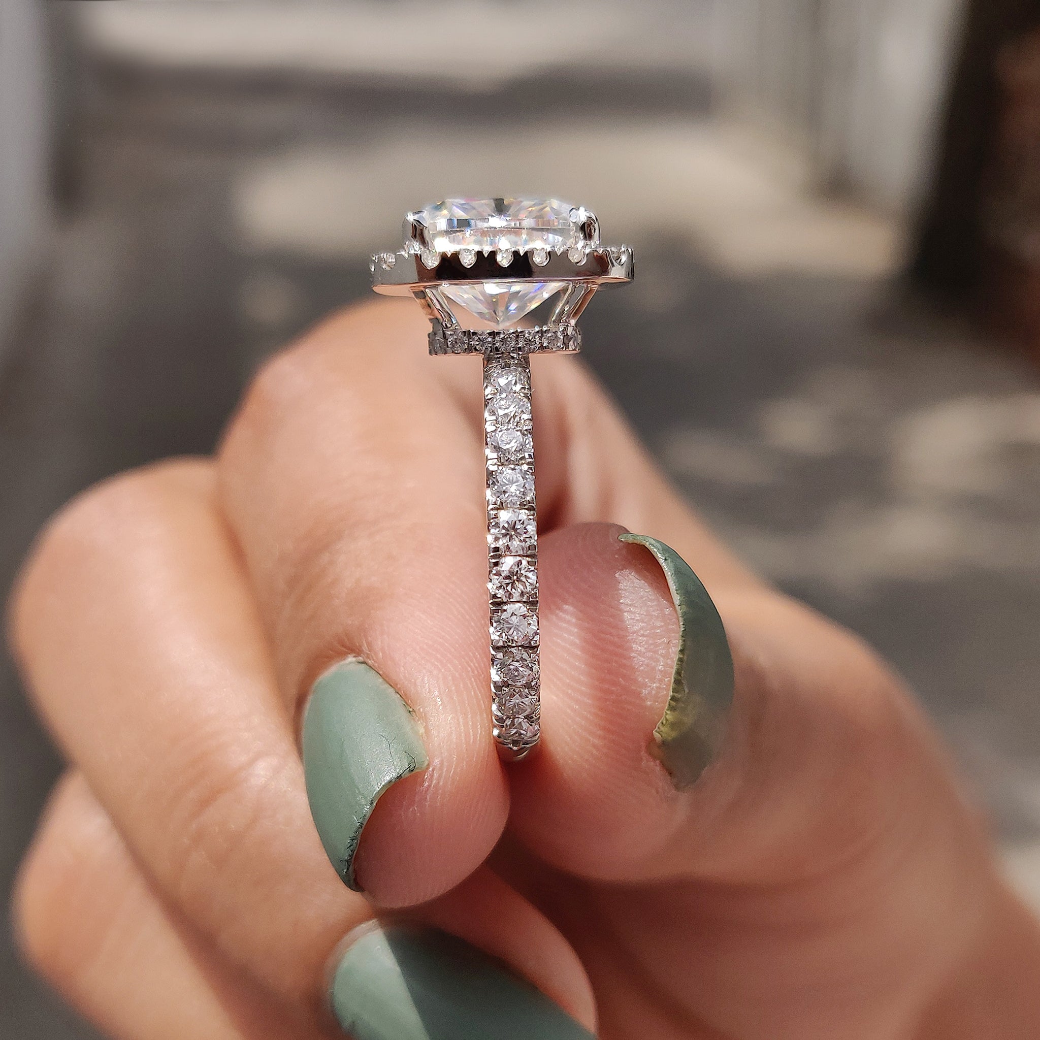 Cushion Cut Moissanite Hidden Halo Engagement Ring