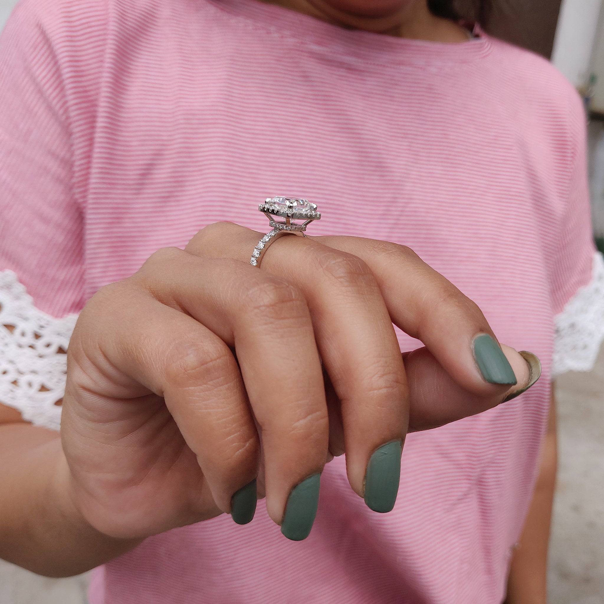 Cushion Cut Moissanite Hidden Halo Engagement Ring