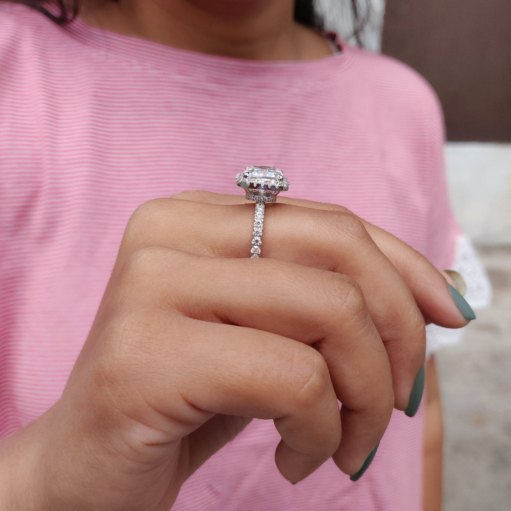 Cushion Cut Moissanite Hidden Halo Engagement Ring
