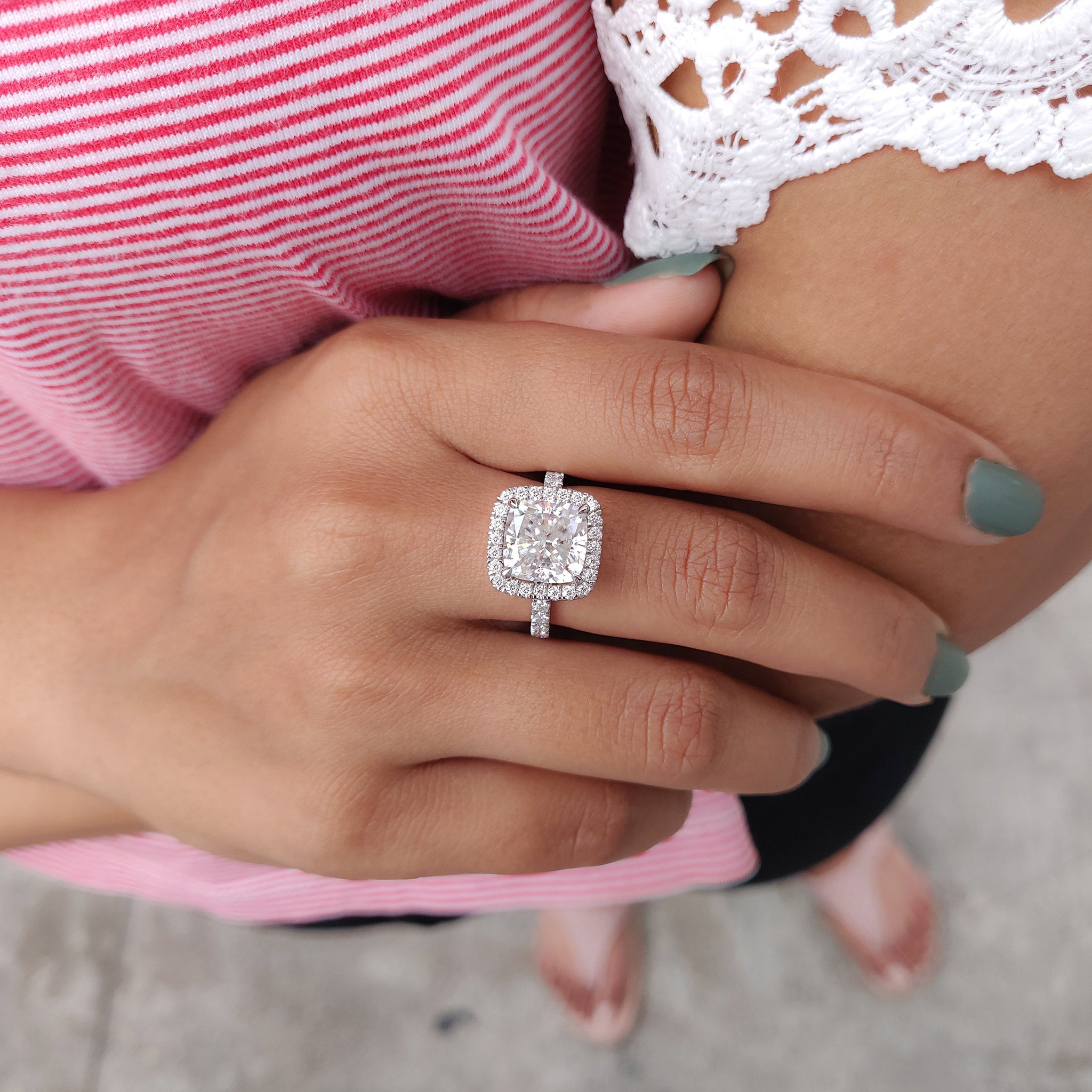Cushion Cut Moissanite Hidden Halo Engagement Ring