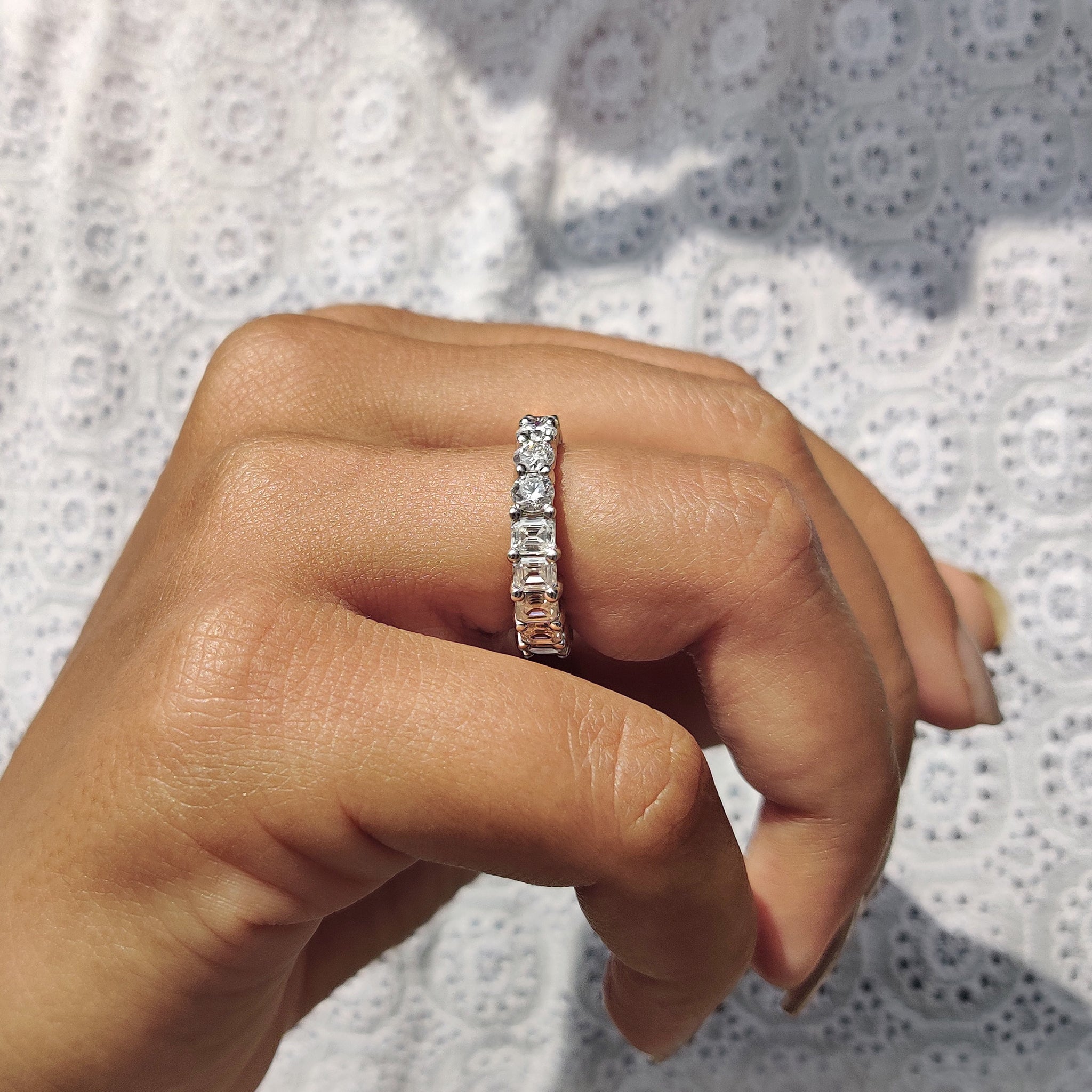 Emerald and Round Wedding Band With Double Style Eternity