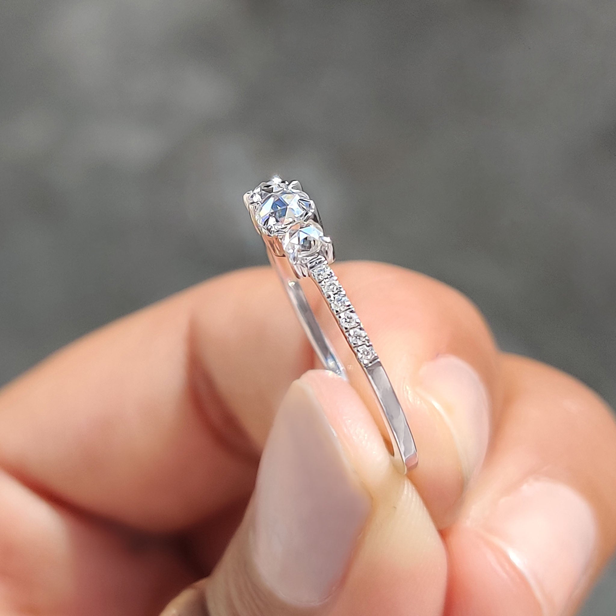 Round Rose Cut 3 Stone Engagement Ring With Pave Setting Secondary image