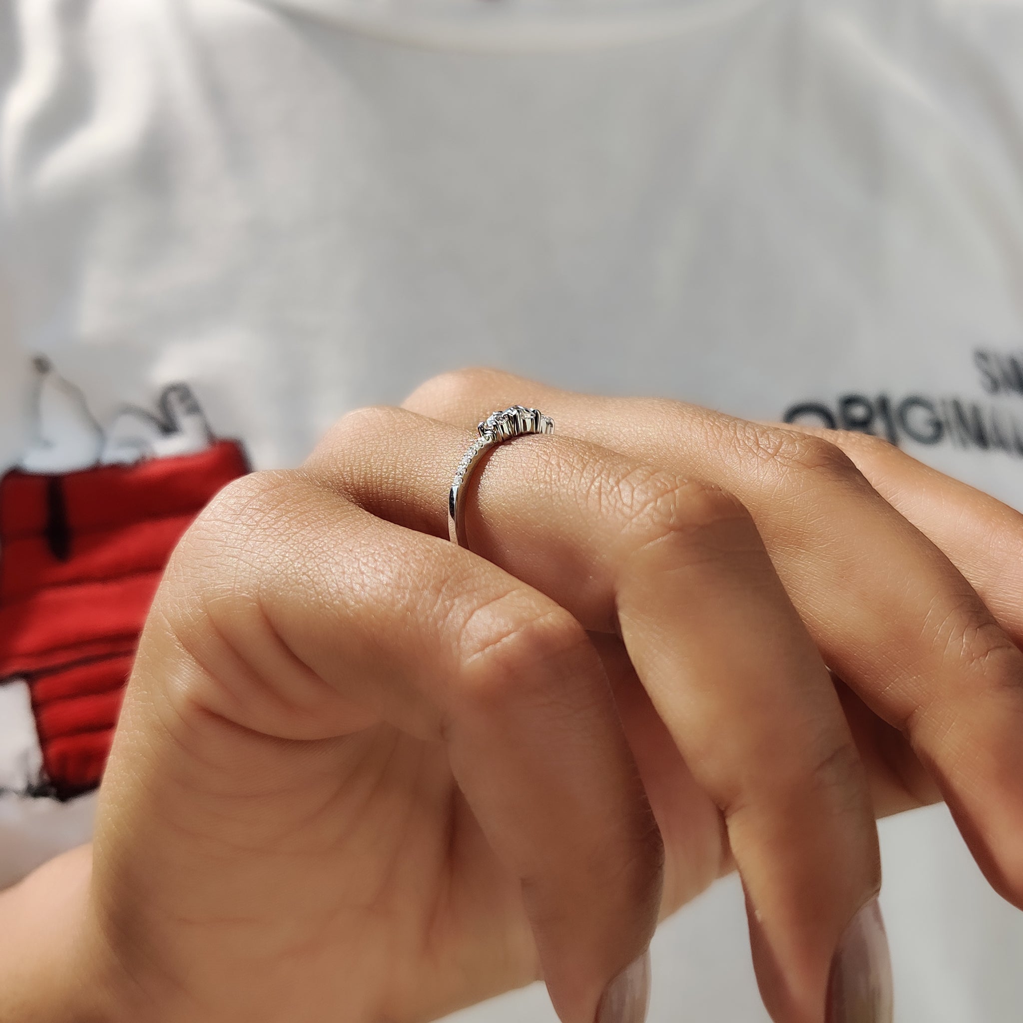 Round Rose Cut 3 Stone Engagement Ring With Pave Setting