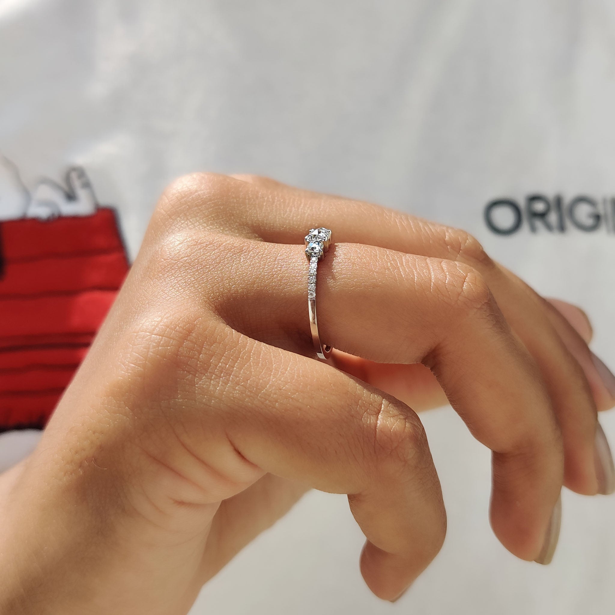Round Rose Cut 3 Stone Engagement Ring With Pave Setting