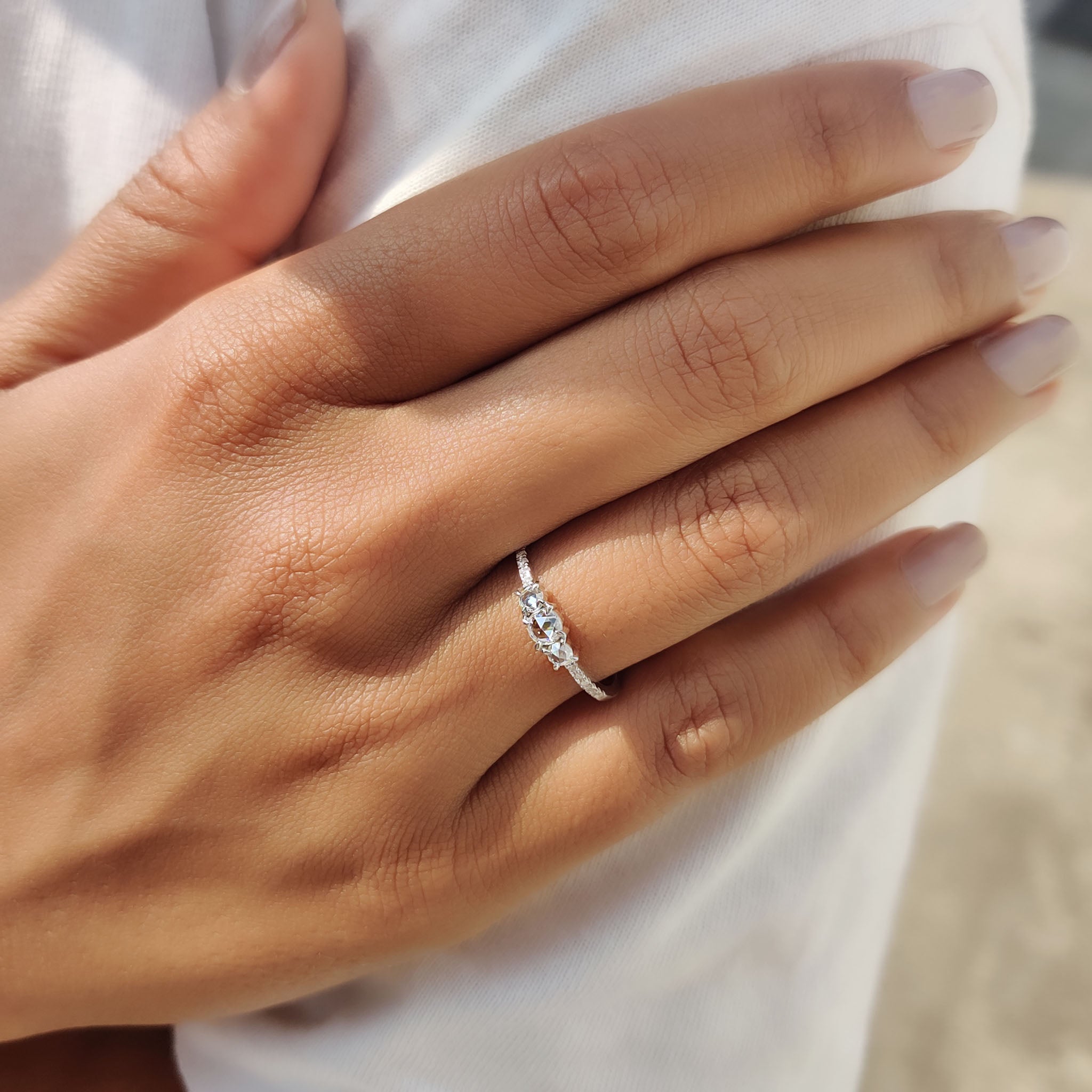 Round Rose Cut 3 Stone Engagement Ring With Pave Setting