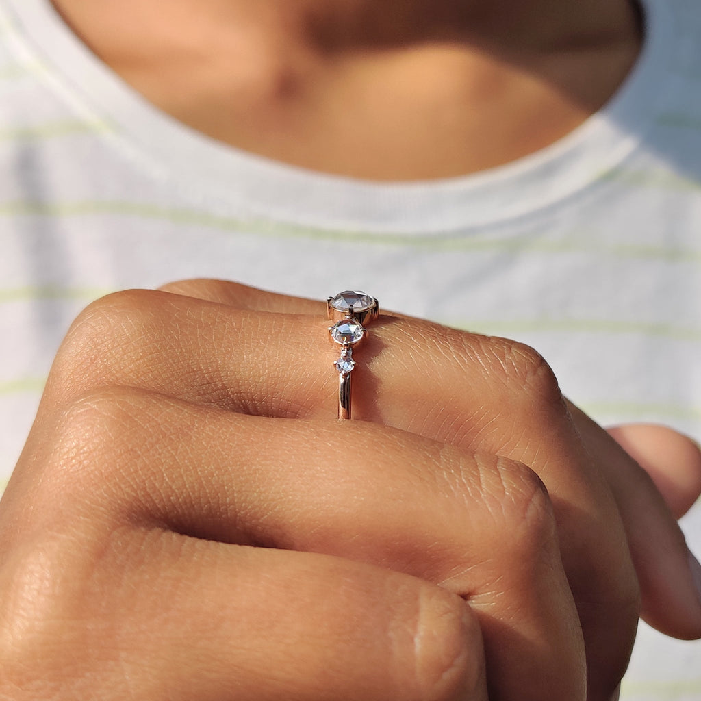 Round Rose cut Moissanite Ring With Compass Prong Setting
