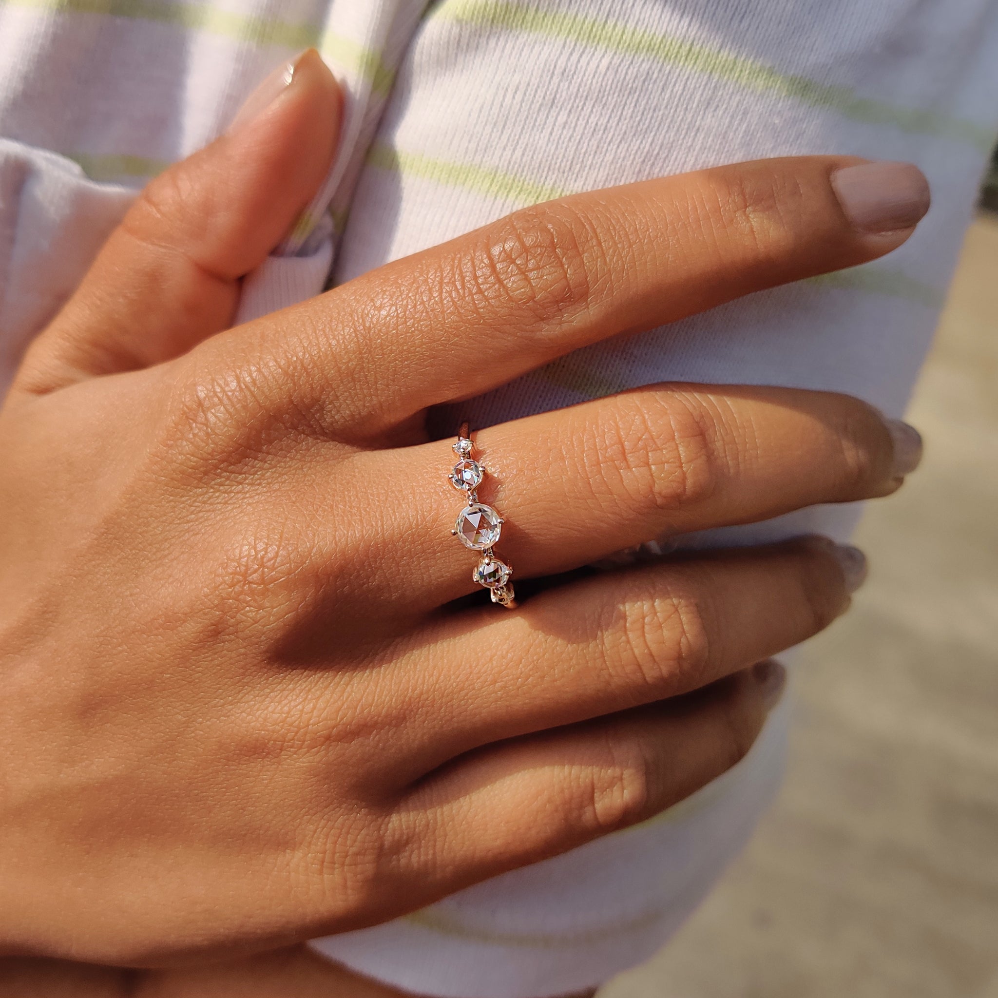 Round Rose cut Moissanite Ring With Compass Prong Setting