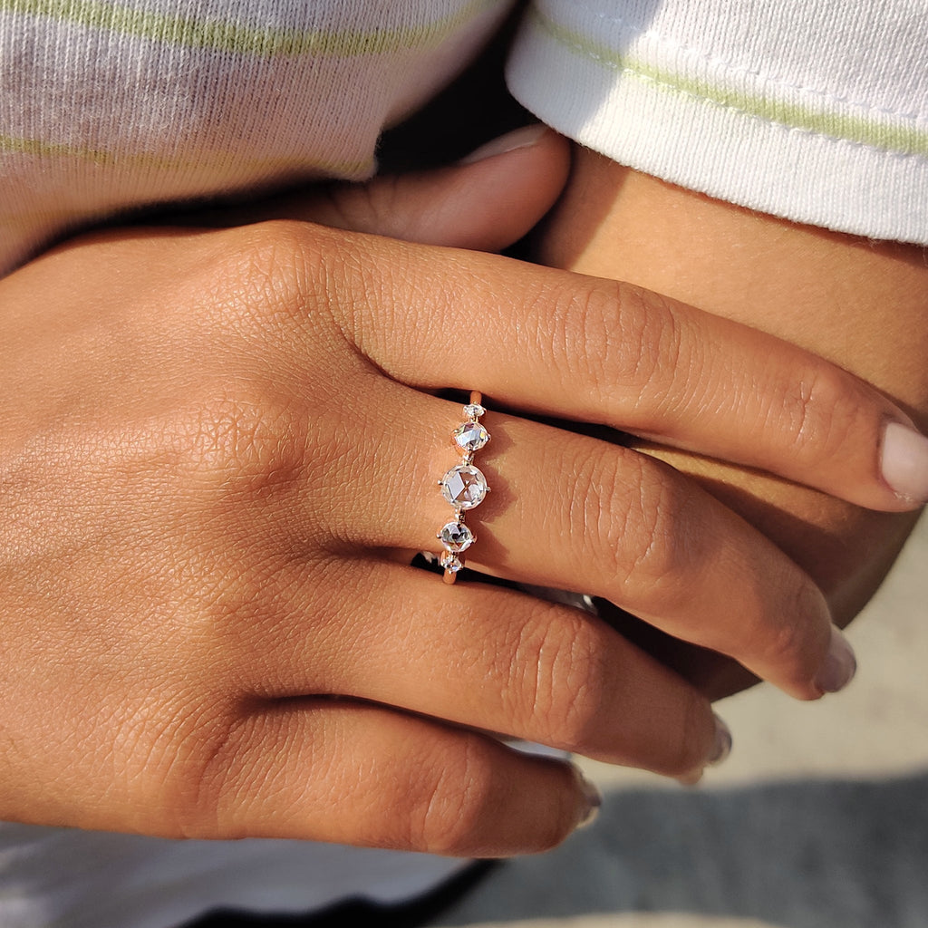 Round Rose cut Moissanite Ring With Compass Prong Setting