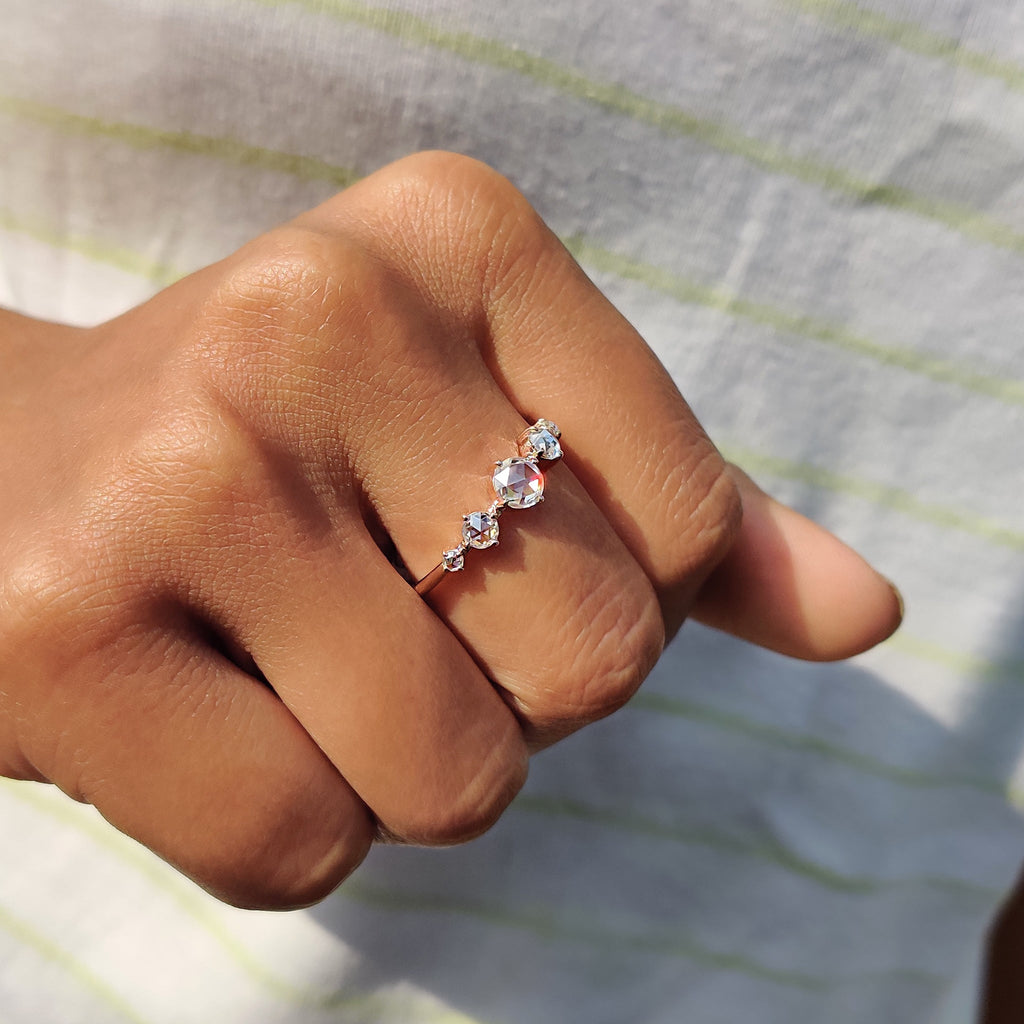 Round Rose cut Moissanite Ring With Compass Prong Setting