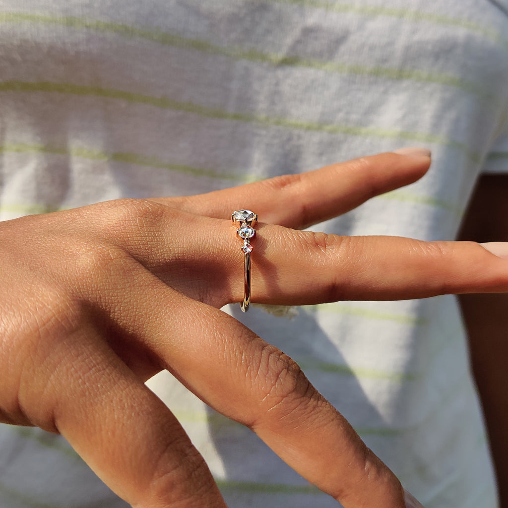 Round Rose cut Moissanite Ring With Compass Prong Setting
