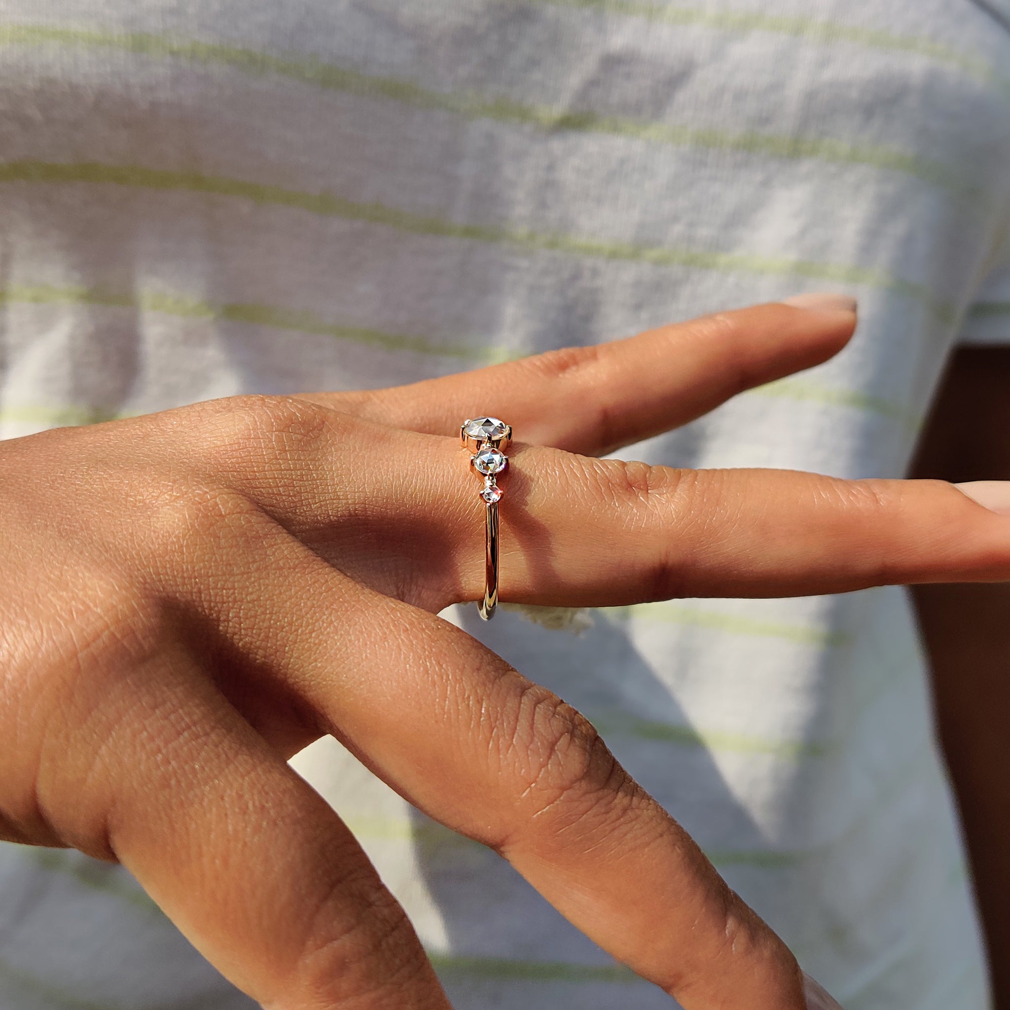 Round Rose cut Moissanite Ring With Compass Prong Setting