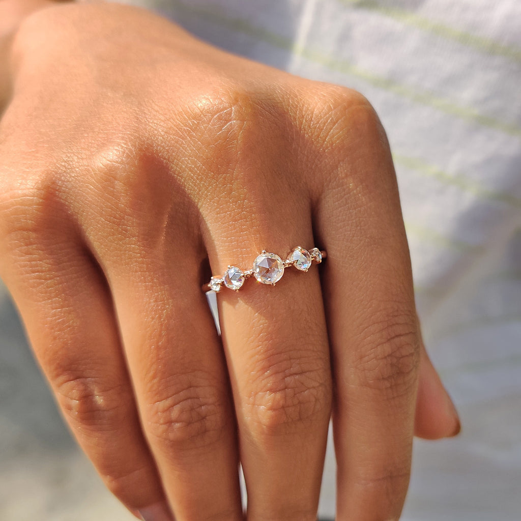 Round Rose cut Moissanite Ring With Compass Prong Setting