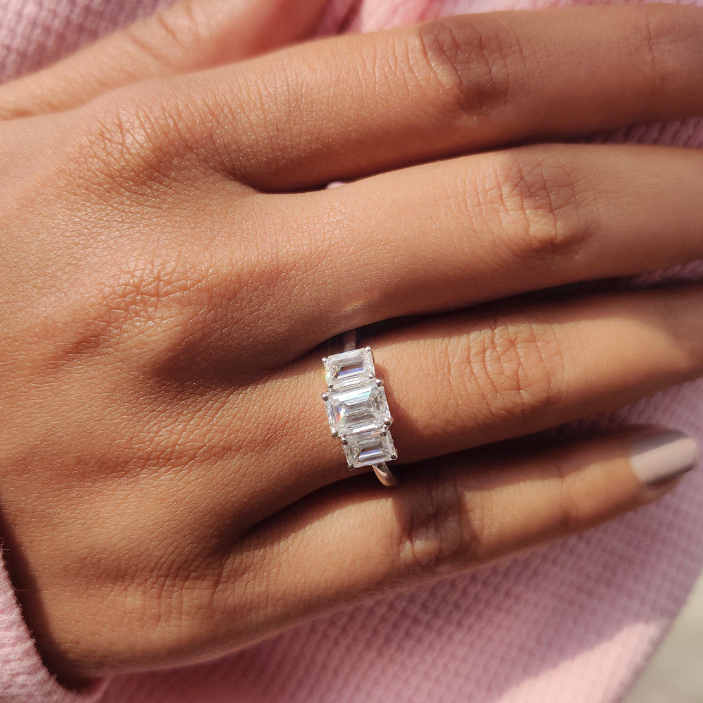 Emerald Cut Moissanite 3 Stone Engagement Ring