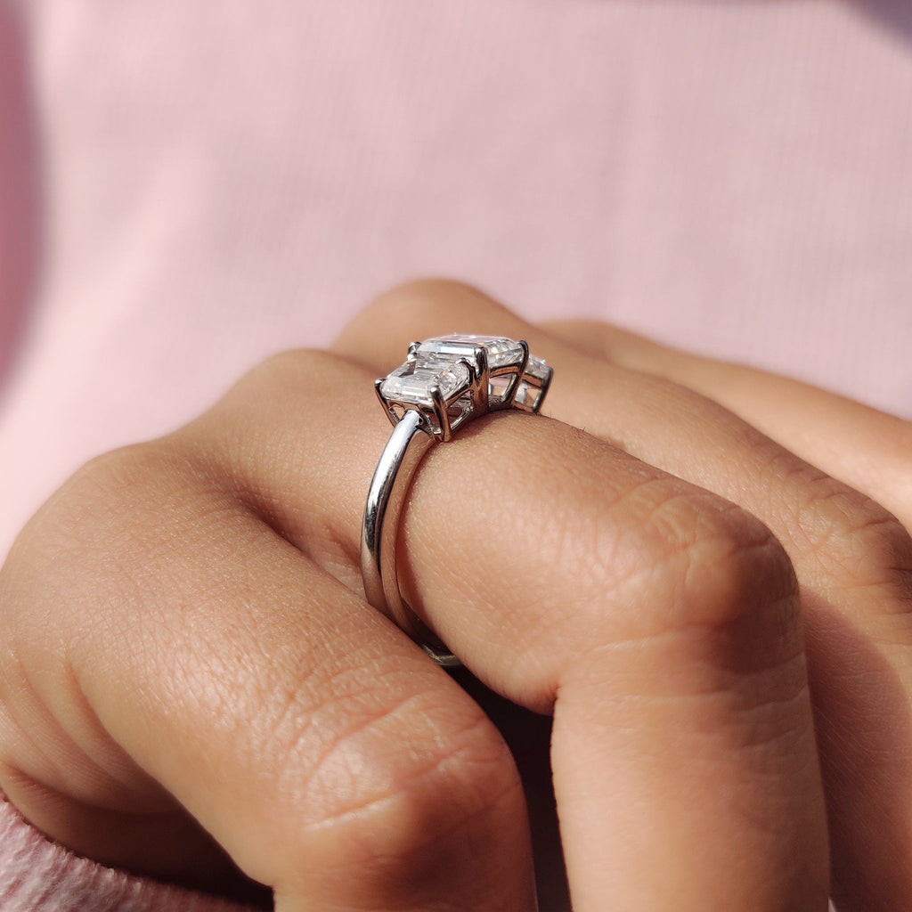 Emerald Cut Moissanite 3 Stone Engagement Ring
