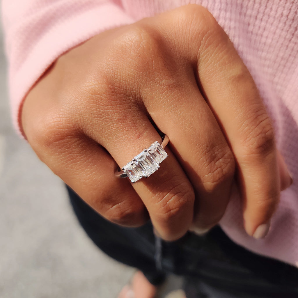 Emerald Cut Moissanite 3 Stone Engagement Ring