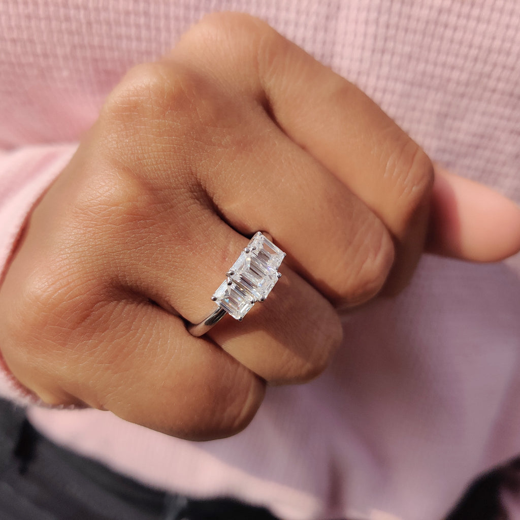 Emerald Cut Moissanite 3 Stone Engagement Ring