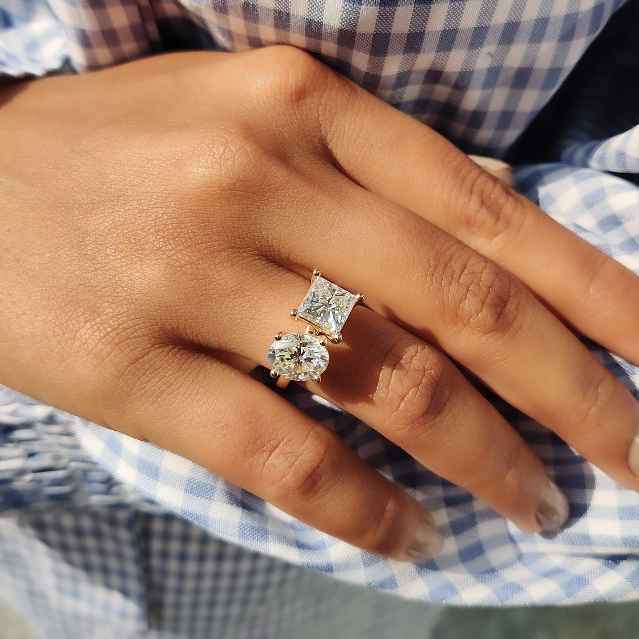 Oval and Princess Cut Moissanite Toi Et Moi Ring