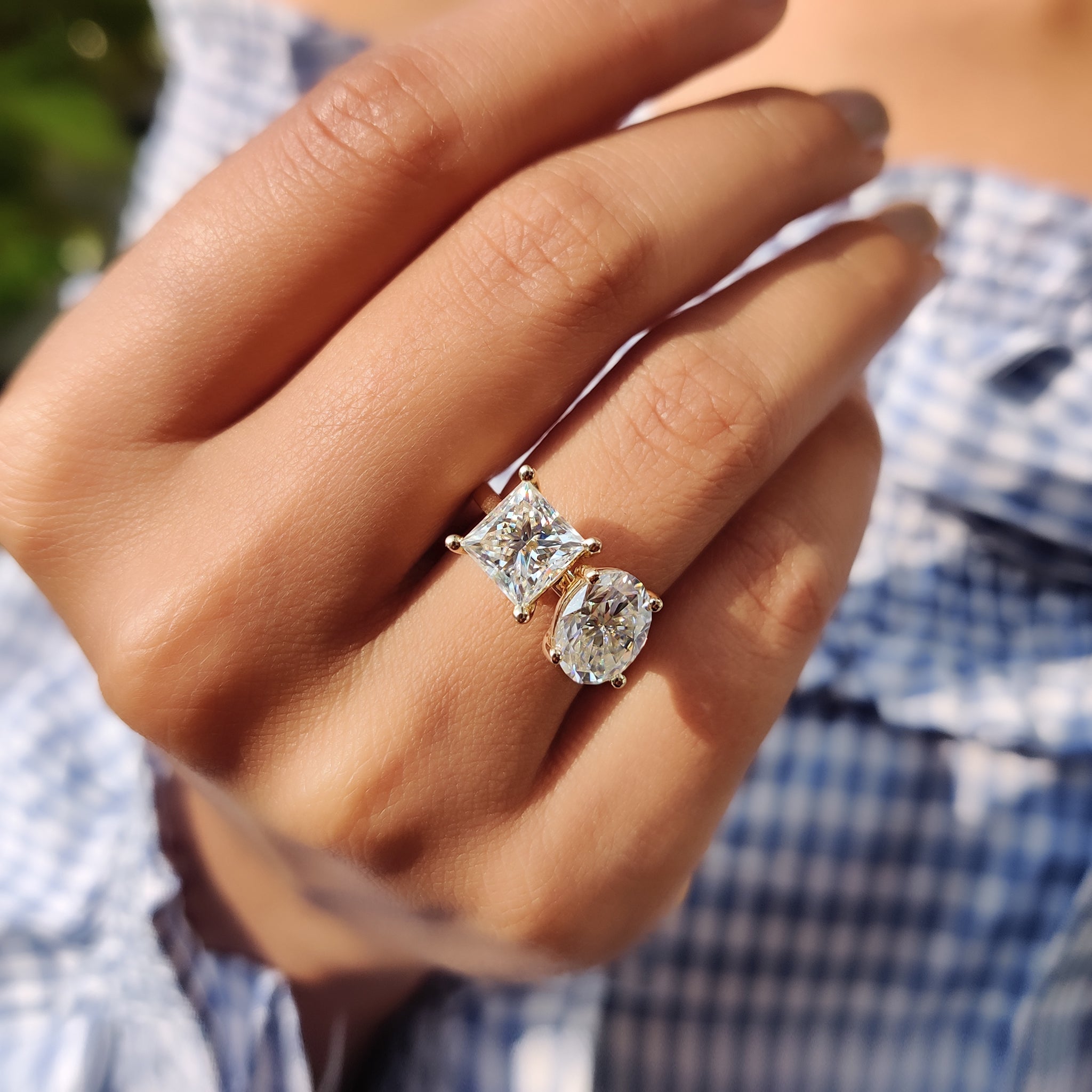 Oval and Princess Cut Moissanite Toi Et Moi Ring