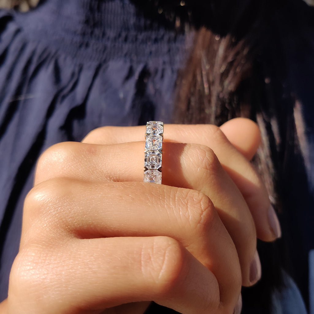 Asscher Cut Eternity Band With Secure Heart Shaped Prong