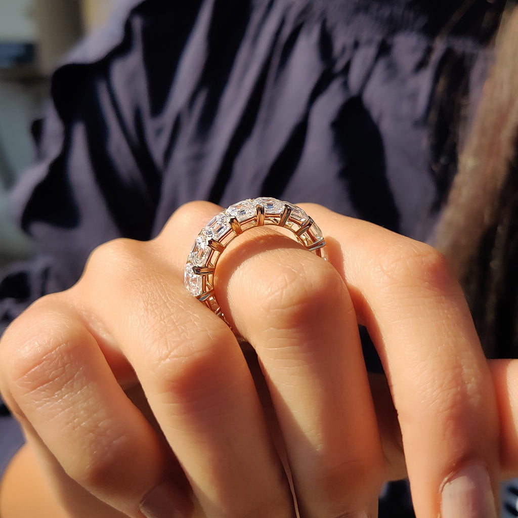 Asscher Cut Eternity Band With Secure Heart Shaped Prong