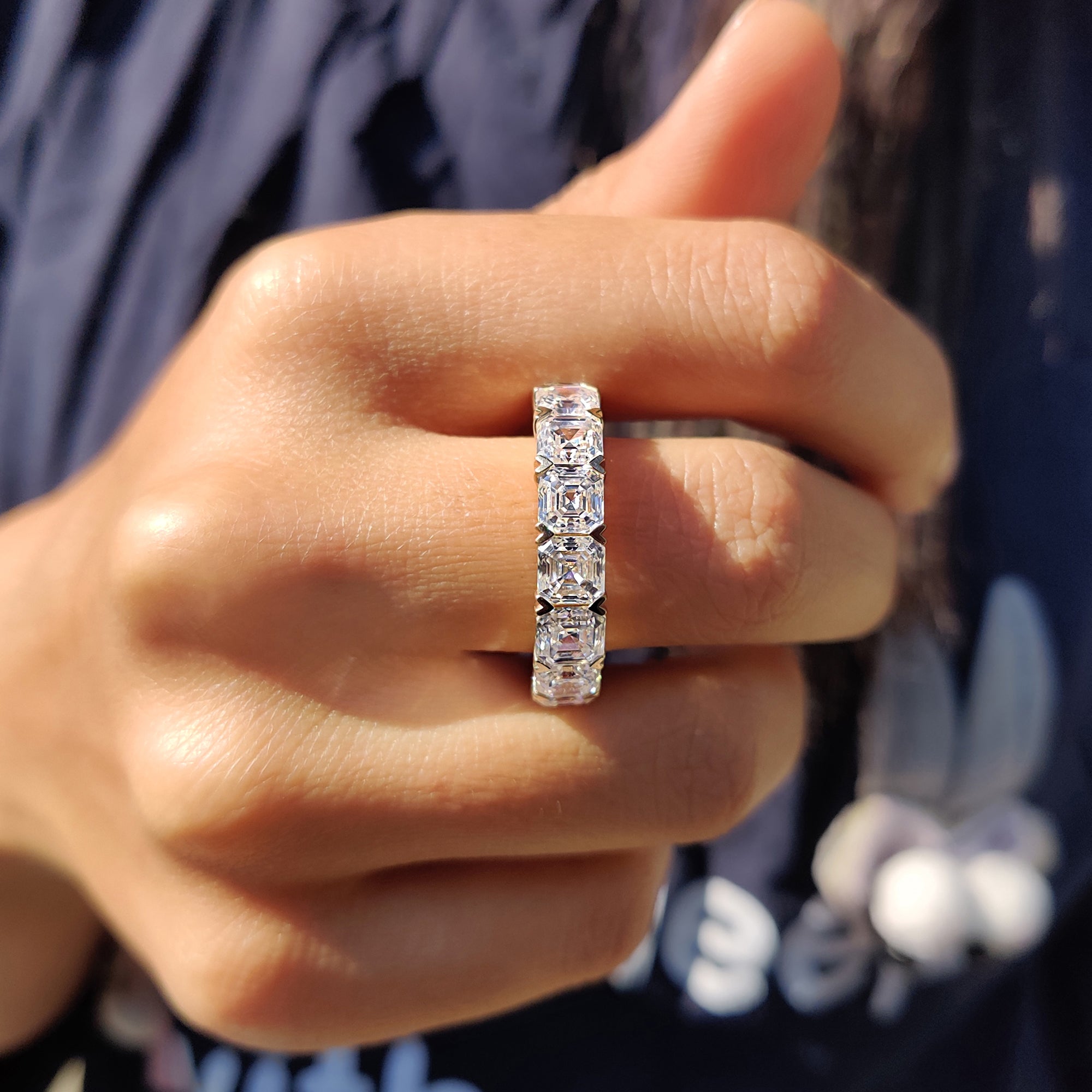 Asscher Cut Eternity Band With Secure Heart Shaped Prong