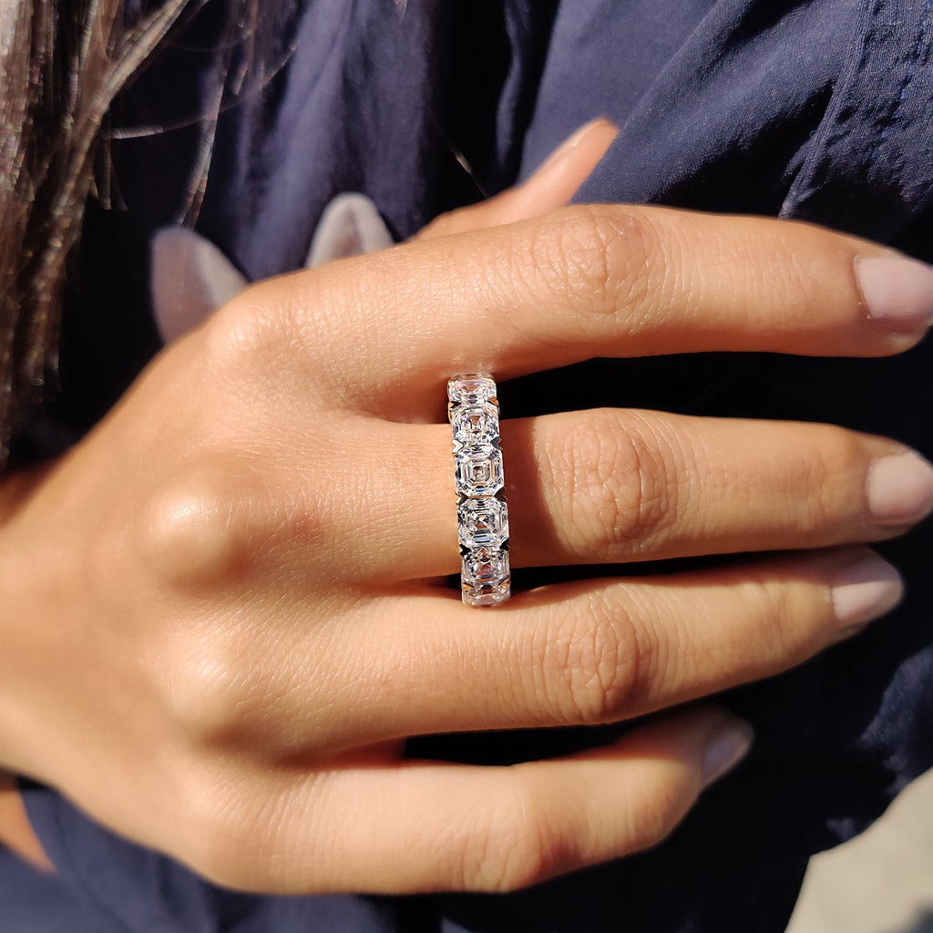 Asscher Cut Eternity Band With Secure Heart Shaped Prong