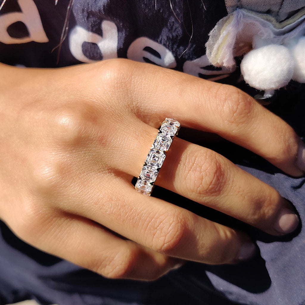 Asscher Cut Eternity Band With Secure Heart Shaped Prong