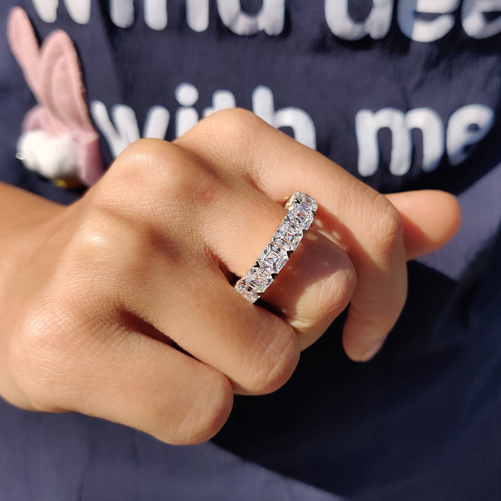 Asscher Cut Eternity Band With Secure Heart Shaped Prong